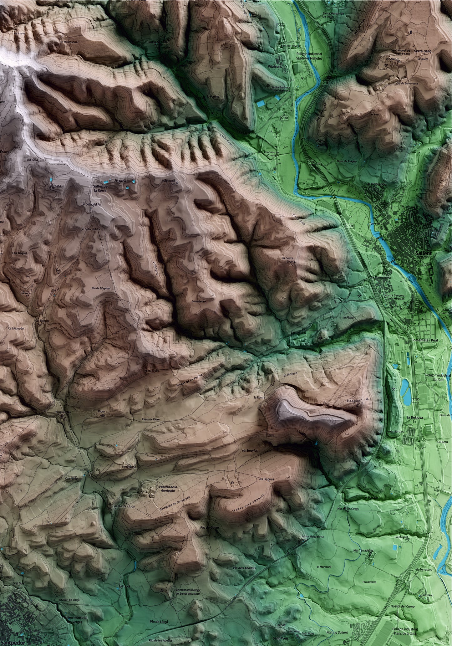 Mapa artístico del relieve de Santpedor, al Bages, con 15 km de entorno y base topográfica ICGC. Detalle de la zona superior derecha.