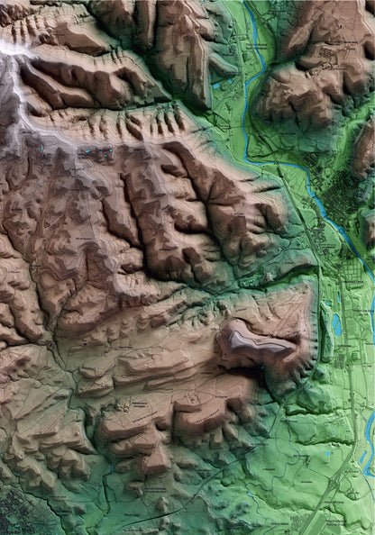 Mapa artístico del relieve de Santpedor, al Bages, con 15 km de entorno y base topográfica ICGC. Detalle de la zona superior derecha.