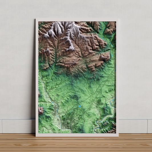 Mapa artístico del relieve de Santpedor, al Bages, con 15 km de entorno y base topográfica ICGC. Presentación enmarcada.