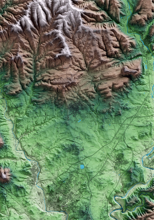 Mapa artístico del relieve de Santpedor, al Bages, con 15 km de entorno y base topográfica ICGC