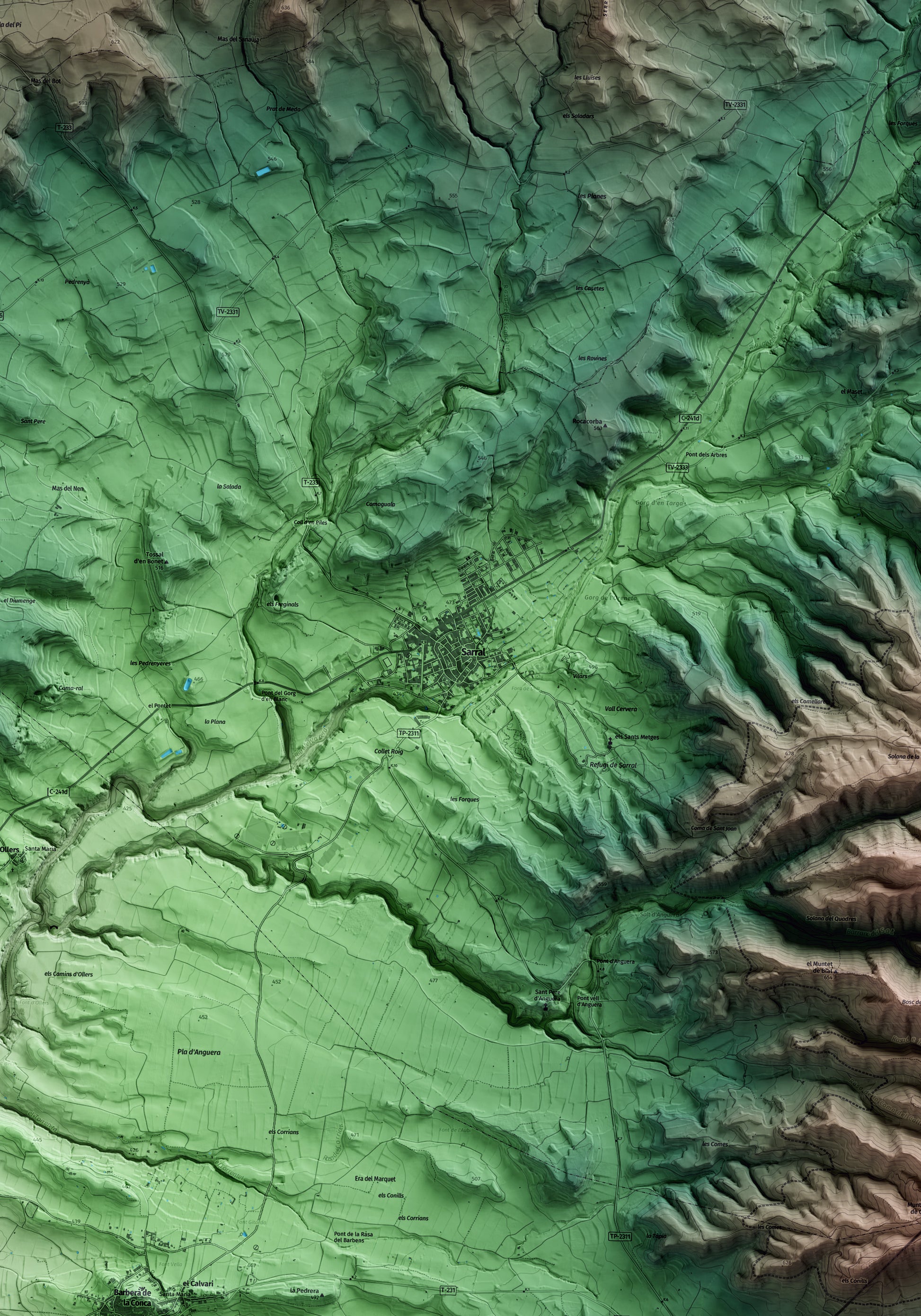 Mapa artístico del relieve de Sarral, a la Conca de Barberà, con 15 km de entorno y base topográfica ICGC. Detalle de la zona central.