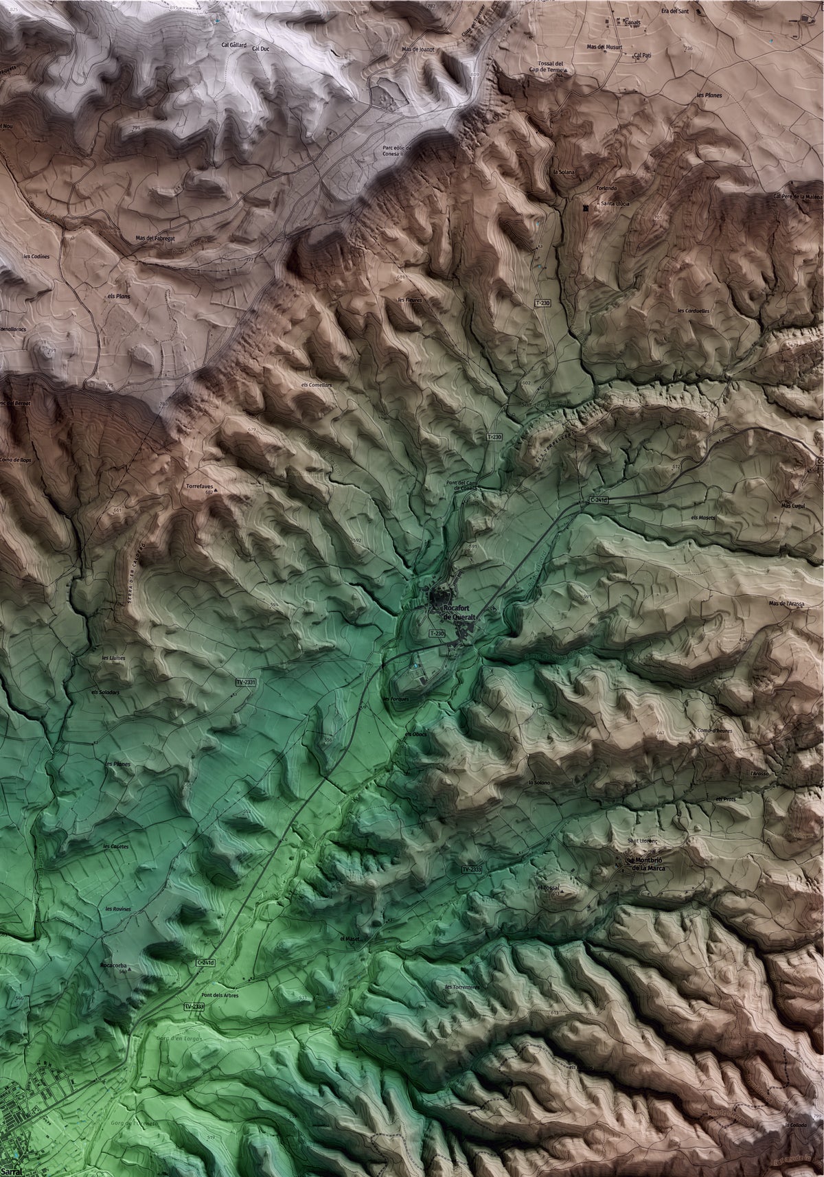 Mapa artístico del relieve de Sarral, a la Conca de Barberà, con 15 km de entorno y base topográfica ICGC. Detalle de la zona superior derecha.