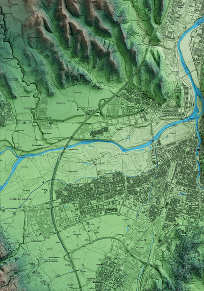 Mapa artístico del relieve de Sarrià de Ter, al Gironès, con 15 km de entorno y base topográfica ICGC. Detalle de la zona inferior izquierda.