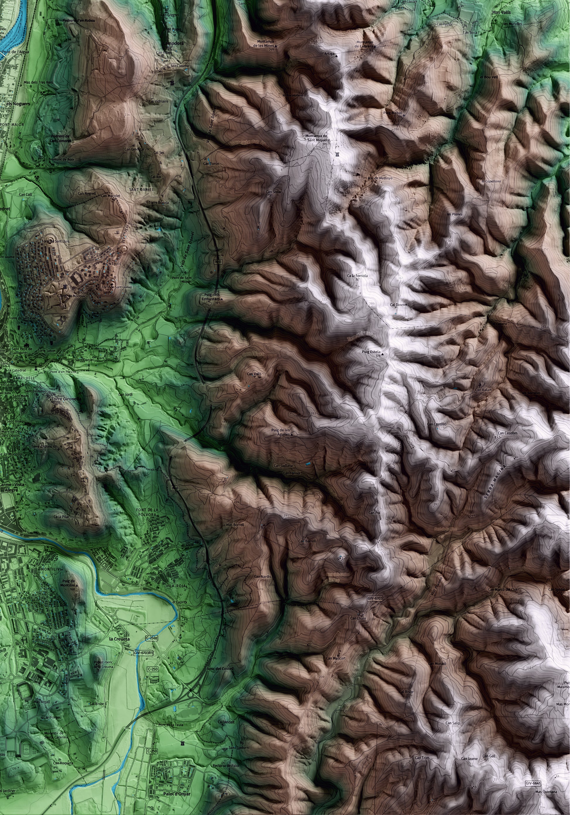 Mapa artístico del relieve de Sarrià de Ter, al Gironès, con 15 km de entorno y base topográfica ICGC. Detalle de la zona inferior derecha.