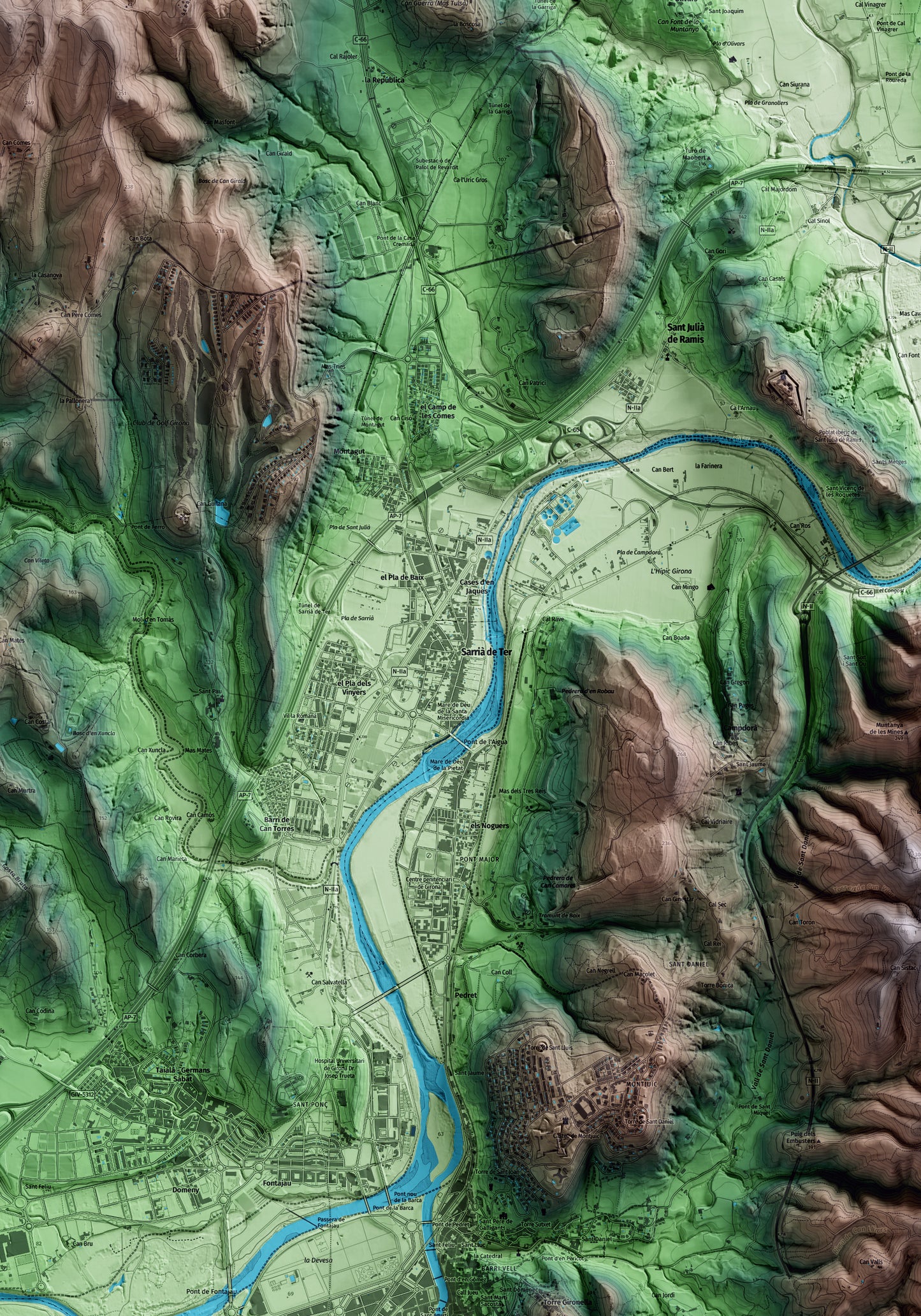 Mapa artístico del relieve de Sarrià de Ter, al Gironès, con 15 km de entorno y base topográfica ICGC. Detalle de la zona central.