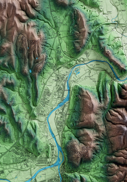 Mapa artístico del relieve de Sarrià de Ter, al Gironès, con 15 km de entorno y base topográfica ICGC. Detalle de la zona central.
