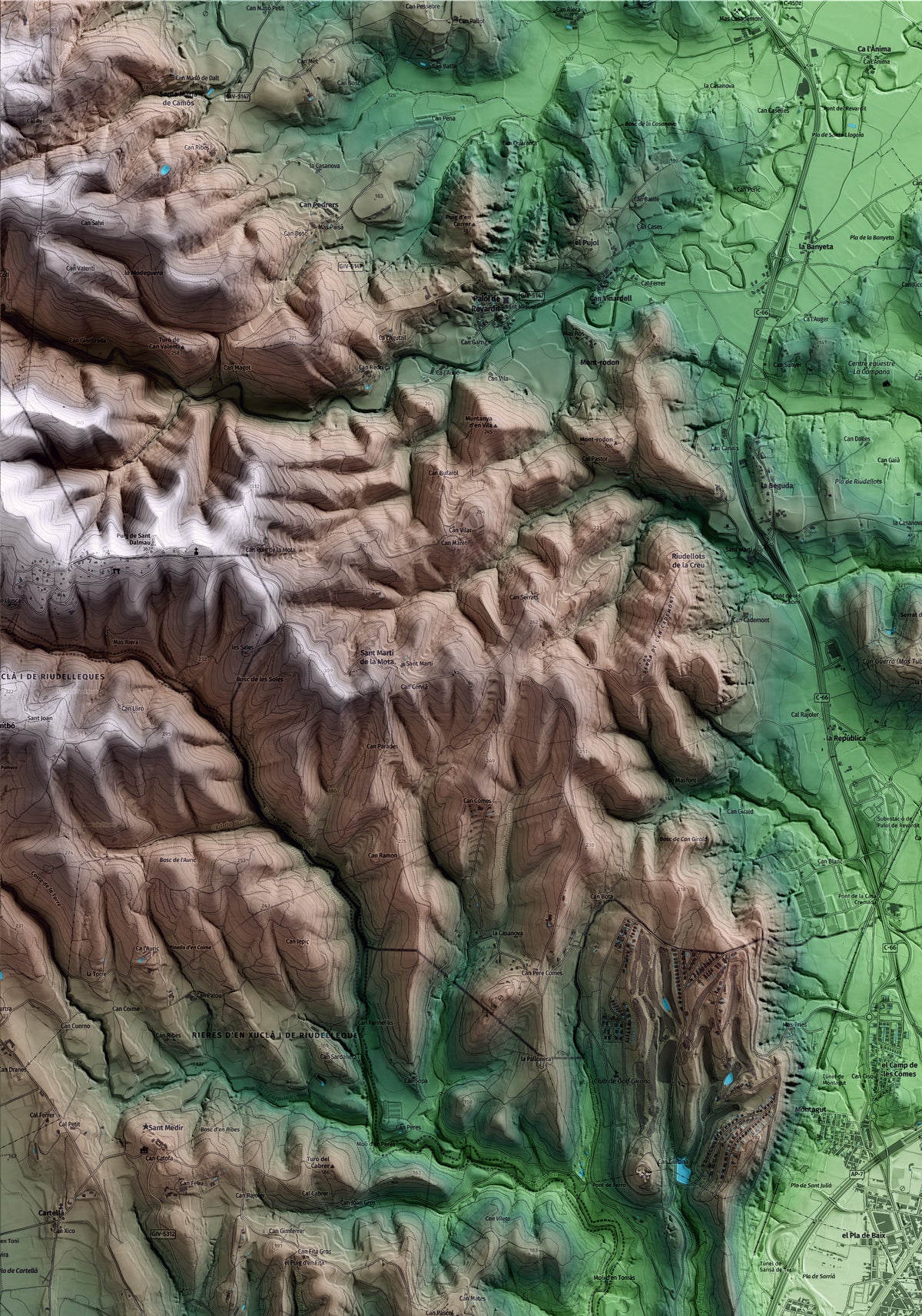 Mapa artístico del relieve de Sarrià de Ter, al Gironès, con 15 km de entorno y base topográfica ICGC. Detalle de la zona superior izquierda.