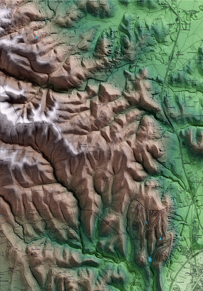 Mapa artístico del relieve de Sarrià de Ter, al Gironès, con 15 km de entorno y base topográfica ICGC. Detalle de la zona superior izquierda.