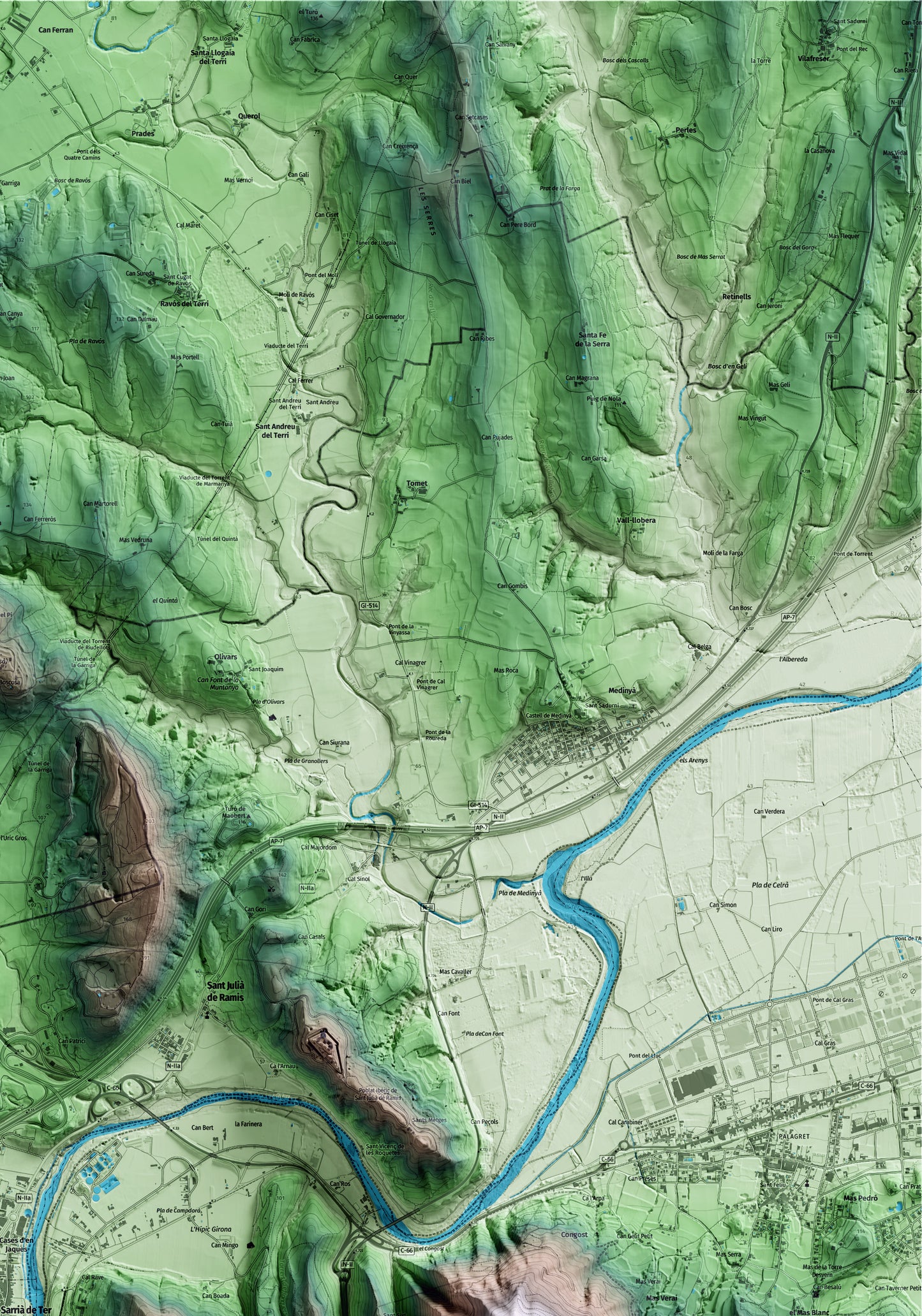 Mapa artístico del relieve de Sarrià de Ter, al Gironès, con 15 km de entorno y base topográfica ICGC. Detalle de la zona superior derecha.