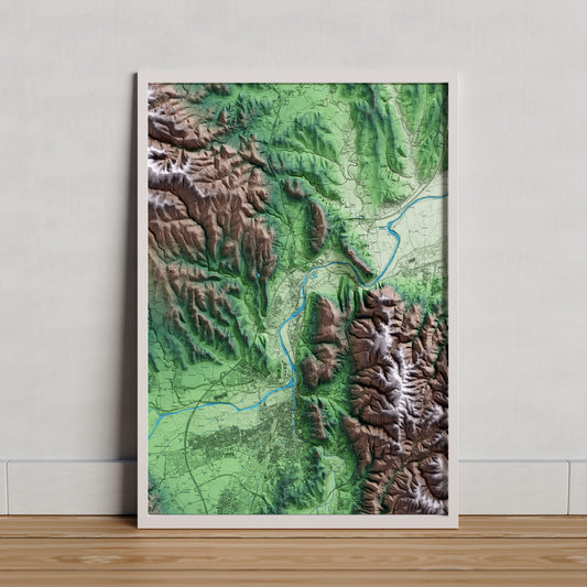 Mapa artístico del relieve de Sarrià de Ter, al Gironès, con 15 km de entorno y base topográfica ICGC. Presentación enmarcada.