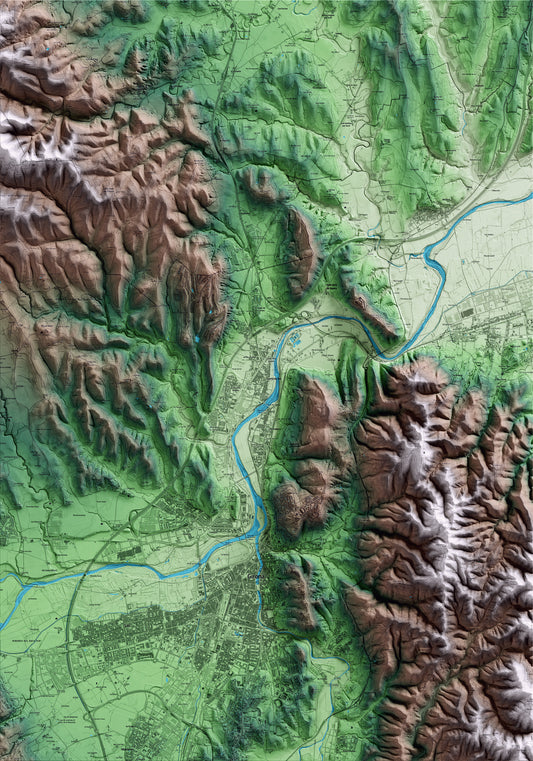 Mapa artístico del relieve de Sarrià de Ter, al Gironès, con 15 km de entorno y base topográfica ICGC