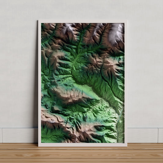 Mapa artístico del relieve de Sarroca de Bellera, al Pallars Jussà, con 15 km de entorno y base topográfica ICGC. Presentación enmarcada.