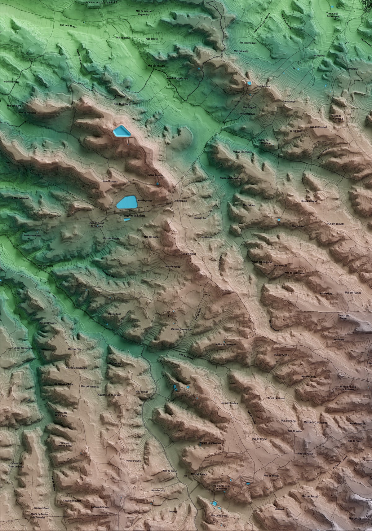 Mapa artístico del relieve de Sarroca de Lleida, al Segrià, con 15 km de entorno y base topográfica ICGC. Detalle de la zona inferior izquierda.