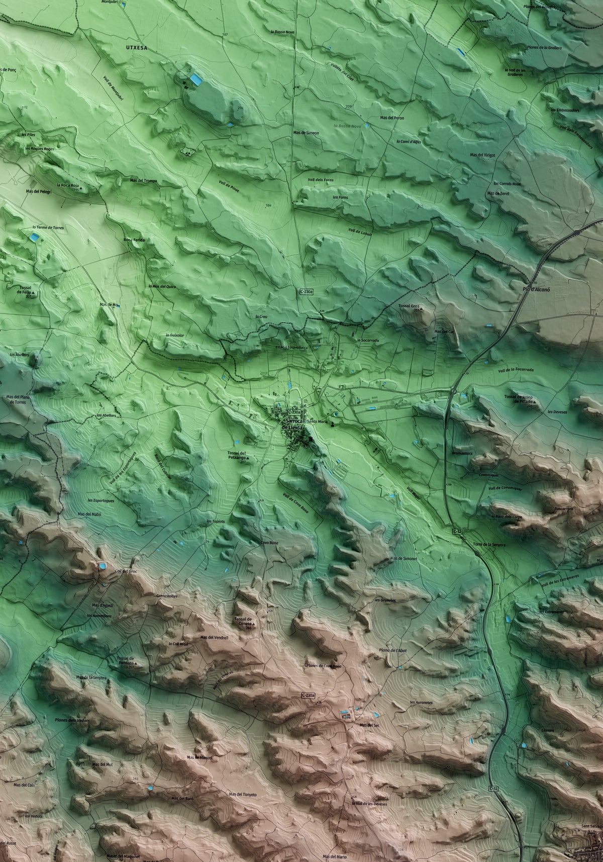 Mapa artístico del relieve de Sarroca de Lleida, al Segrià, con 15 km de entorno y base topográfica ICGC. Detalle de la zona central.