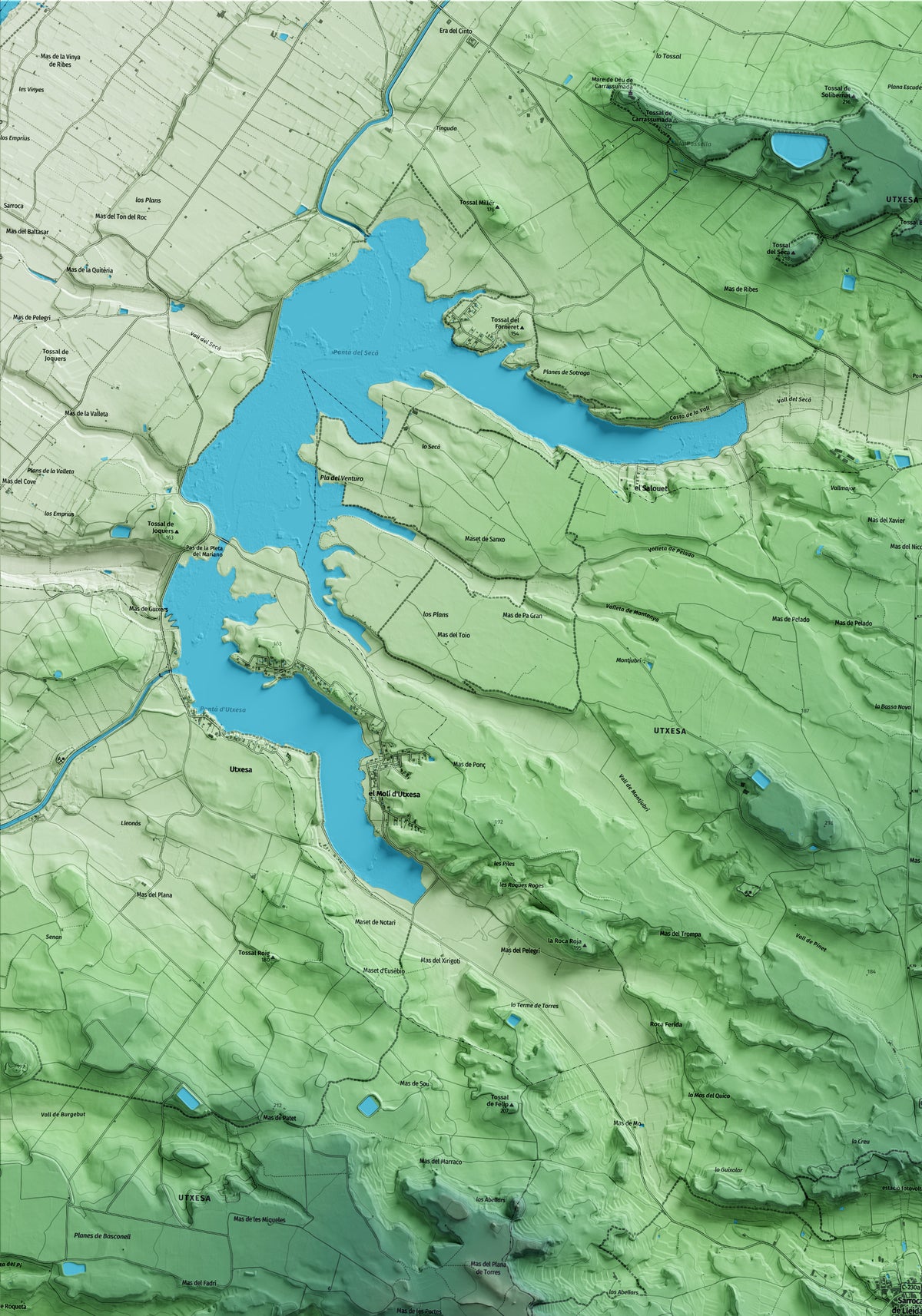 Mapa artístico del relieve de Sarroca de Lleida, al Segrià, con 15 km de entorno y base topográfica ICGC. Detalle de la zona superior izquierda.