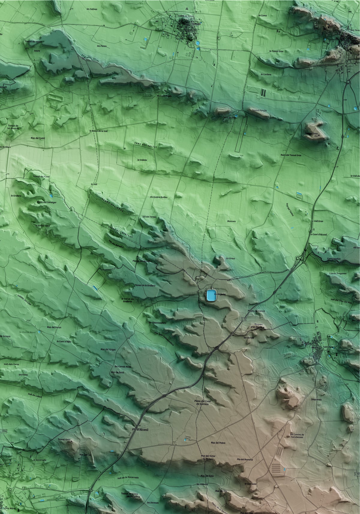 Mapa artístico del relieve de Sarroca de Lleida, al Segrià, con 15 km de entorno y base topográfica ICGC. Detalle de la zona superior derecha.