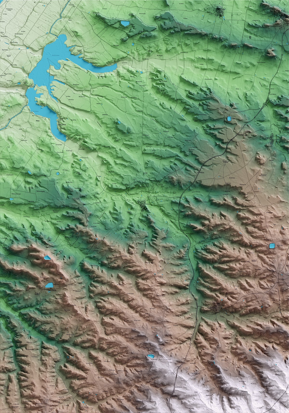 Mapa artístico del relieve de Sarroca de Lleida, al Segrià, con 15 km de entorno y base topográfica ICGC