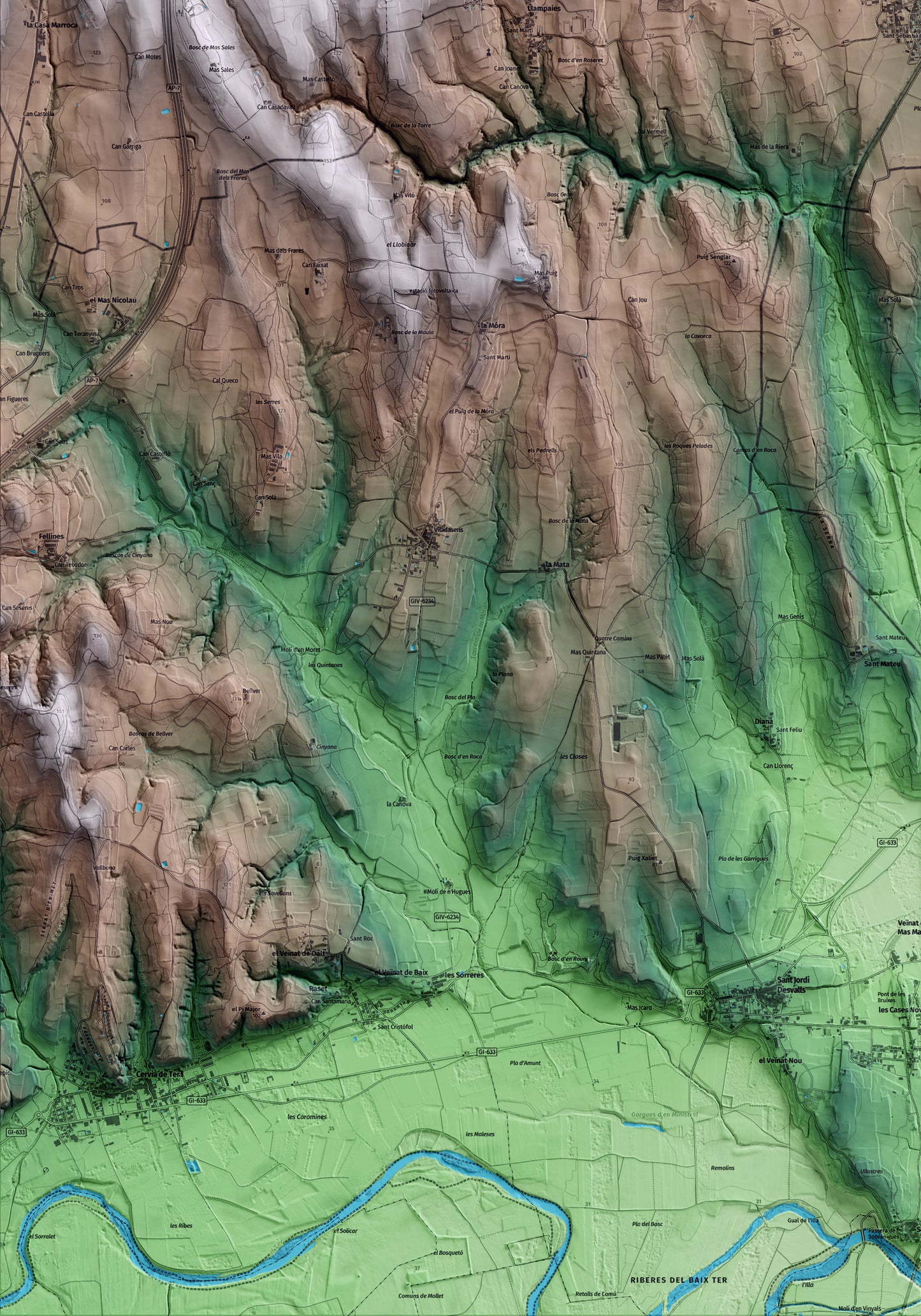 Mapa artístico del relieve de Saus, Camallera i Llampaies, al Alt Empordà, con 15 km de entorno y base topográfica ICGC. Detalle de la zona inferior izquierda.