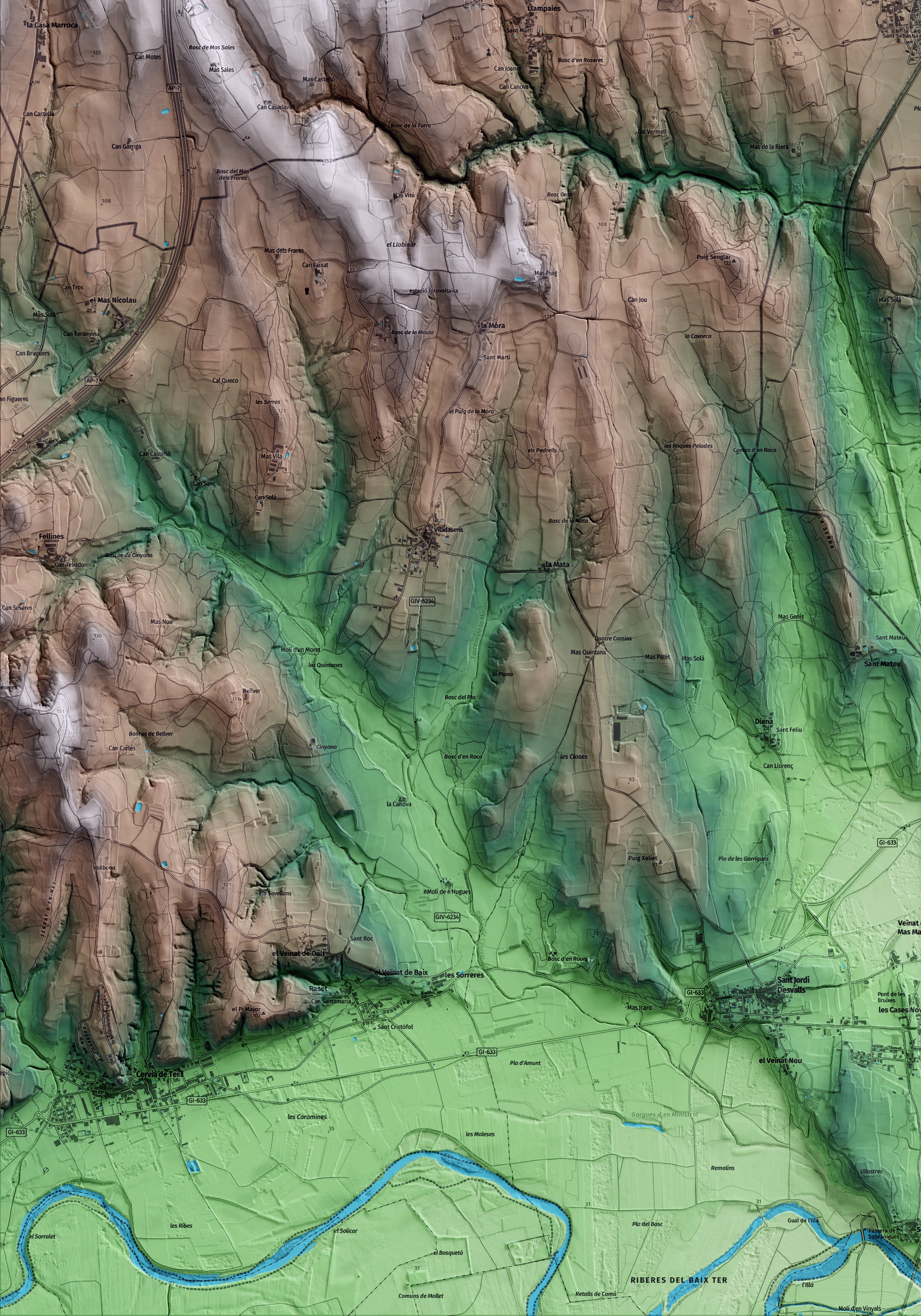 Mapa artístico del relieve de Saus, Camallera i Llampaies, al Alt Empordà, con 15 km de entorno y base topográfica ICGC. Detalle de la zona inferior izquierda.