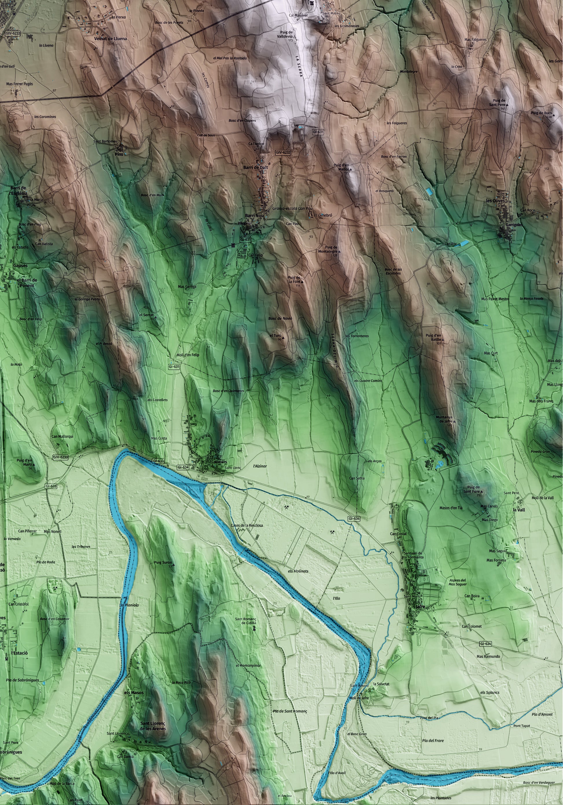 Mapa artístico del relieve de Saus, Camallera i Llampaies, al Alt Empordà, con 15 km de entorno y base topográfica ICGC. Detalle de la zona inferior derecha.
