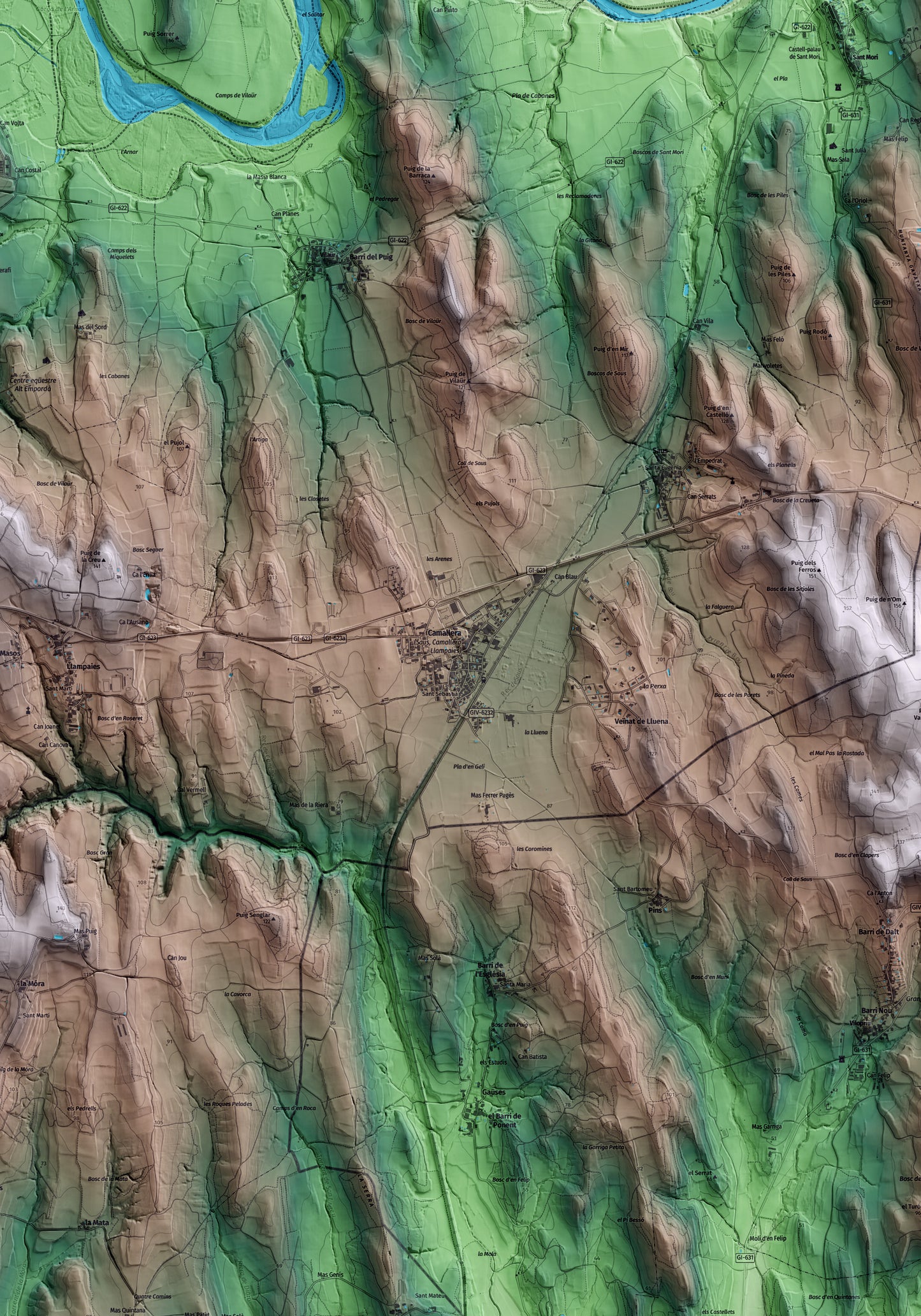 Mapa artístico del relieve de Saus, Camallera i Llampaies, al Alt Empordà, con 15 km de entorno y base topográfica ICGC. Detalle de la zona central.