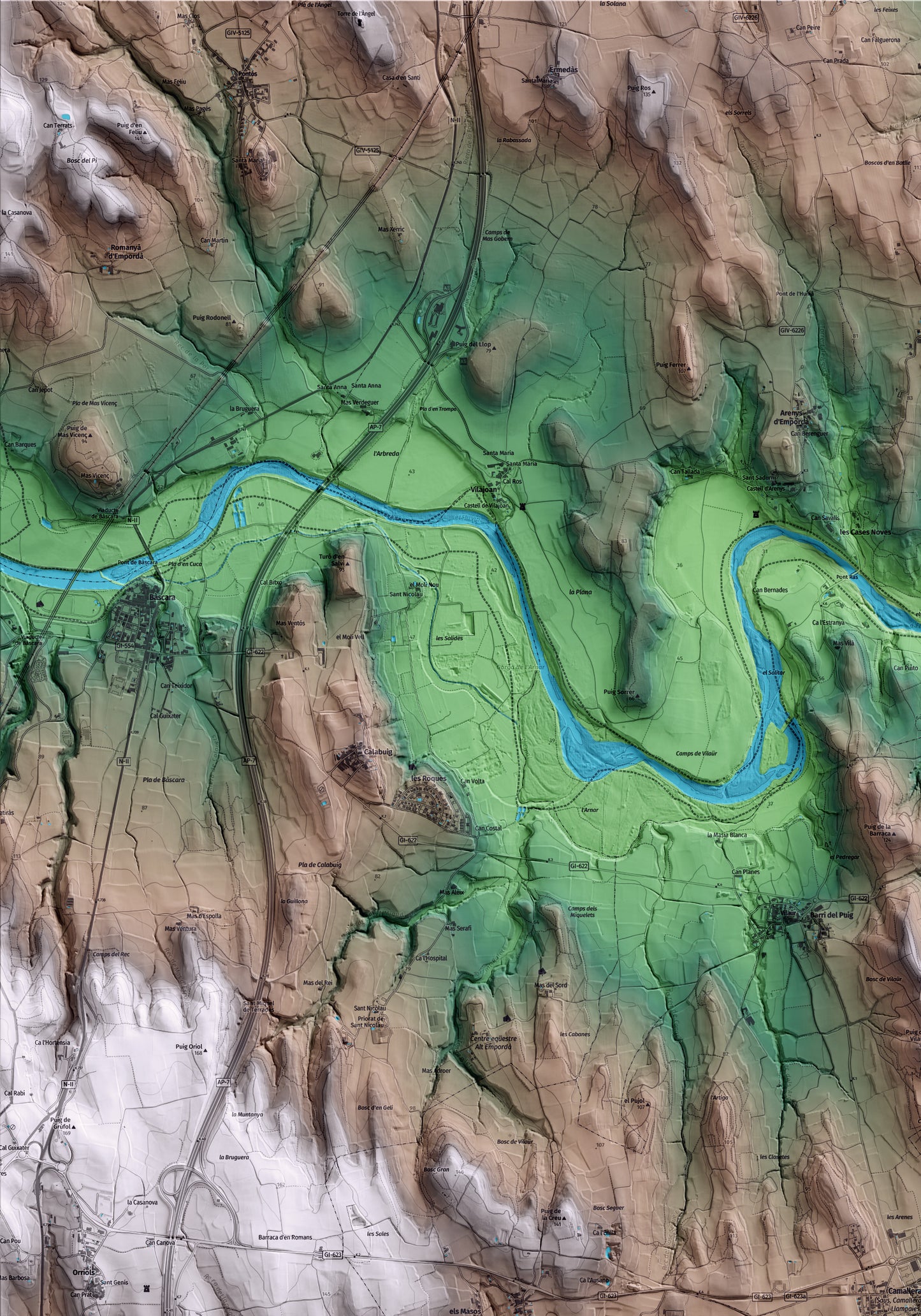 Mapa artístico del relieve de Saus, Camallera i Llampaies, al Alt Empordà, con 15 km de entorno y base topográfica ICGC. Detalle de la zona superior izquierda.