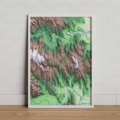 Mapa artístico del relieve de Saus, Camallera i Llampaies, al Alt Empordà, con 15 km de entorno y base topográfica ICGC. Presentación enmarcada.