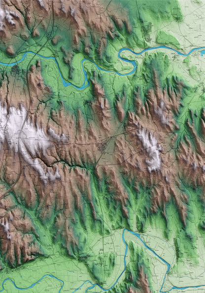 Mapa artístico del relieve de Saus, Camallera i Llampaies, al Alt Empordà, con 15 km de entorno y base topográfica ICGC