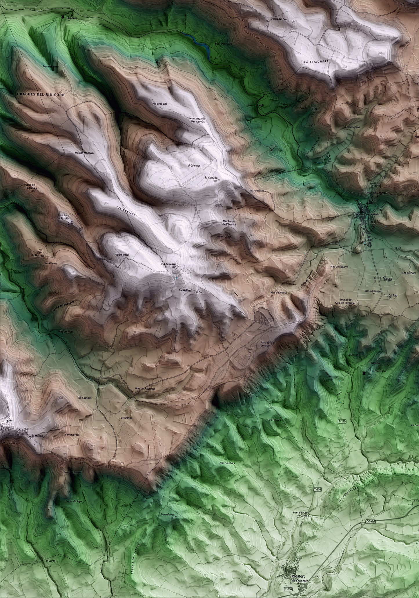 Mapa artístico del relieve de Savallà del Comtat, a la Conca de Barberà, con 15 km de entorno y base topográfica ICGC. Detalle de la zona inferior izquierda.