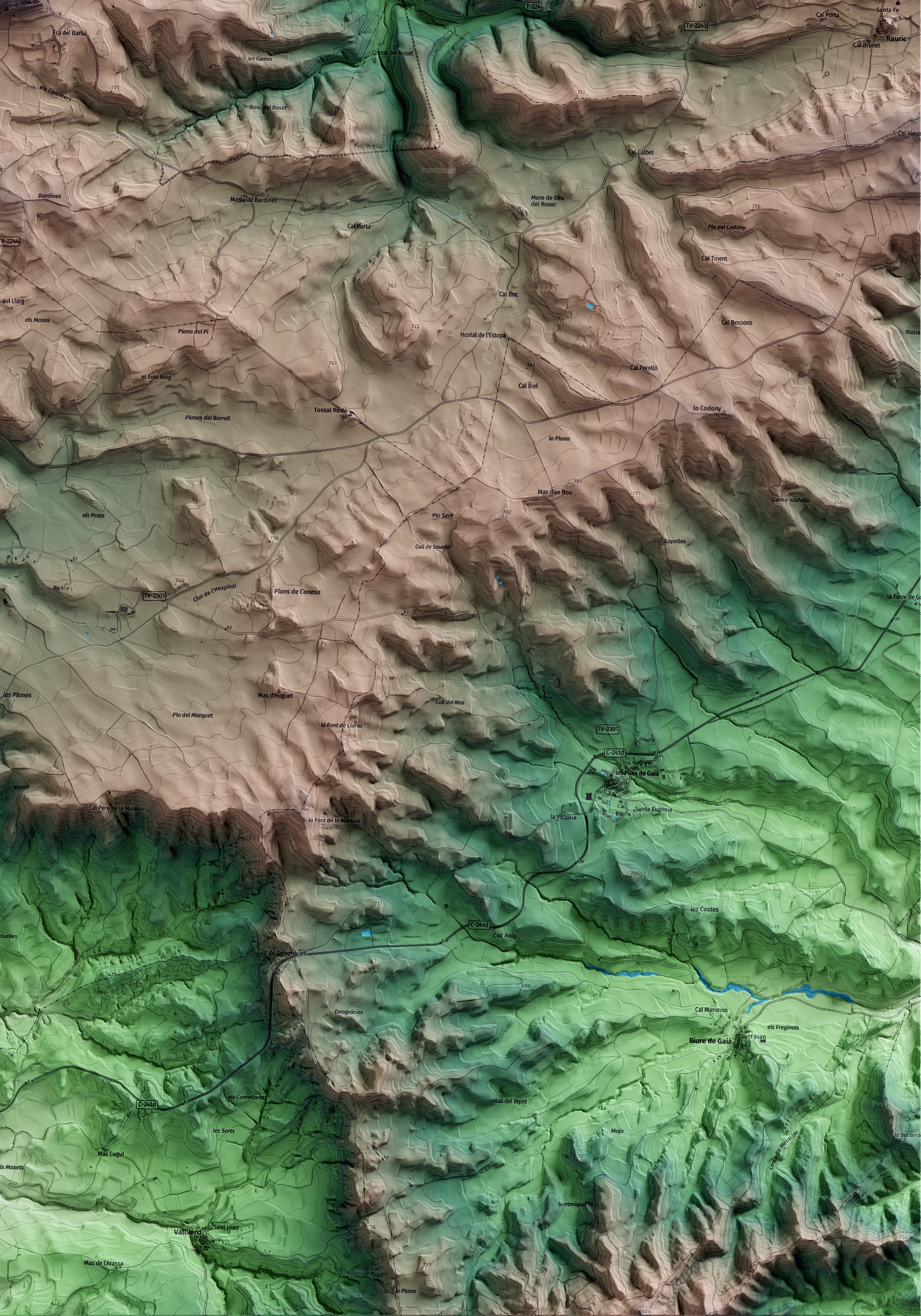 Mapa artístico del relieve de Savallà del Comtat, a la Conca de Barberà, con 15 km de entorno y base topográfica ICGC. Detalle de la zona inferior derecha.