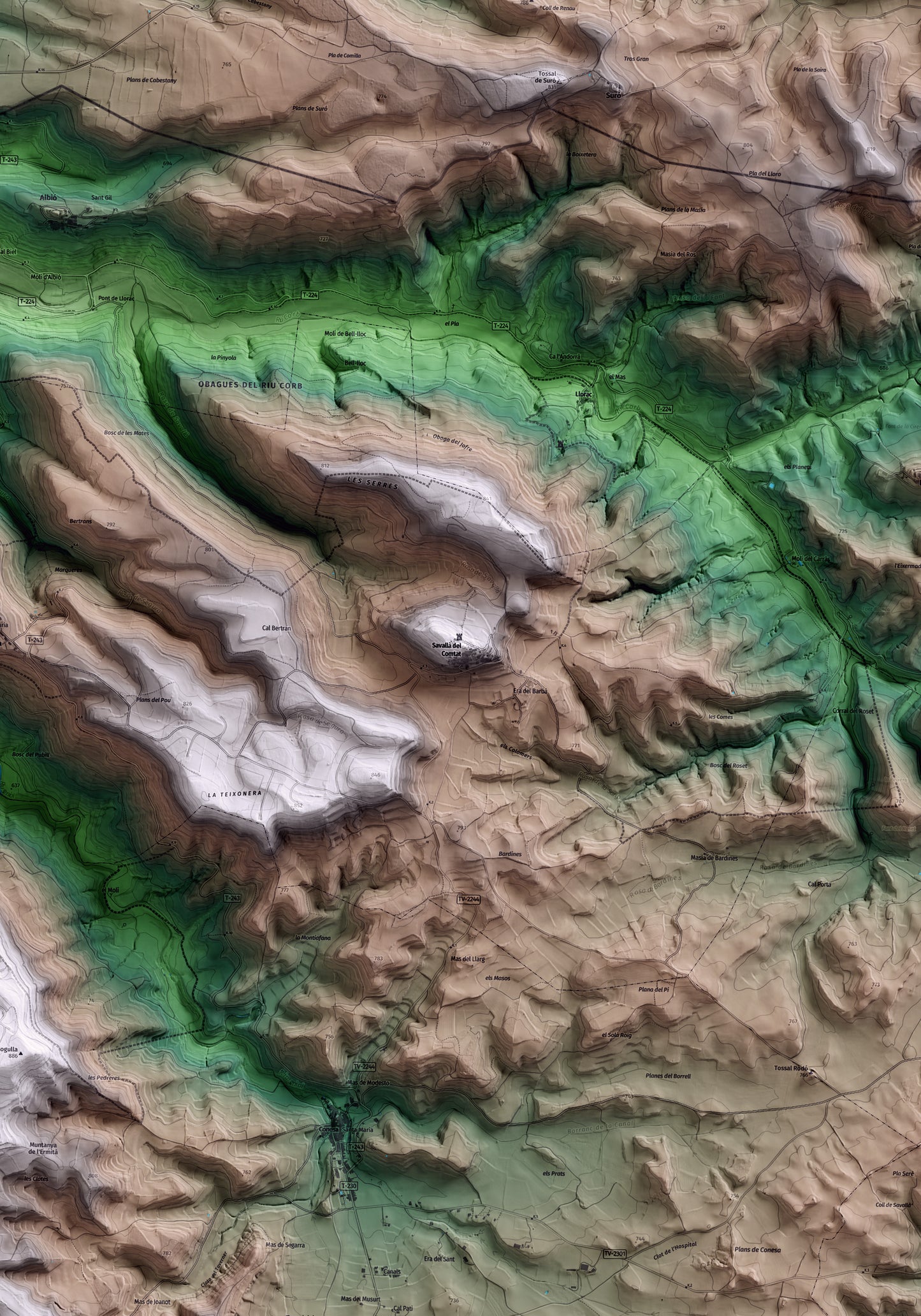 Mapa artístico del relieve de Savallà del Comtat, a la Conca de Barberà, con 15 km de entorno y base topográfica ICGC. Detalle de la zona central.