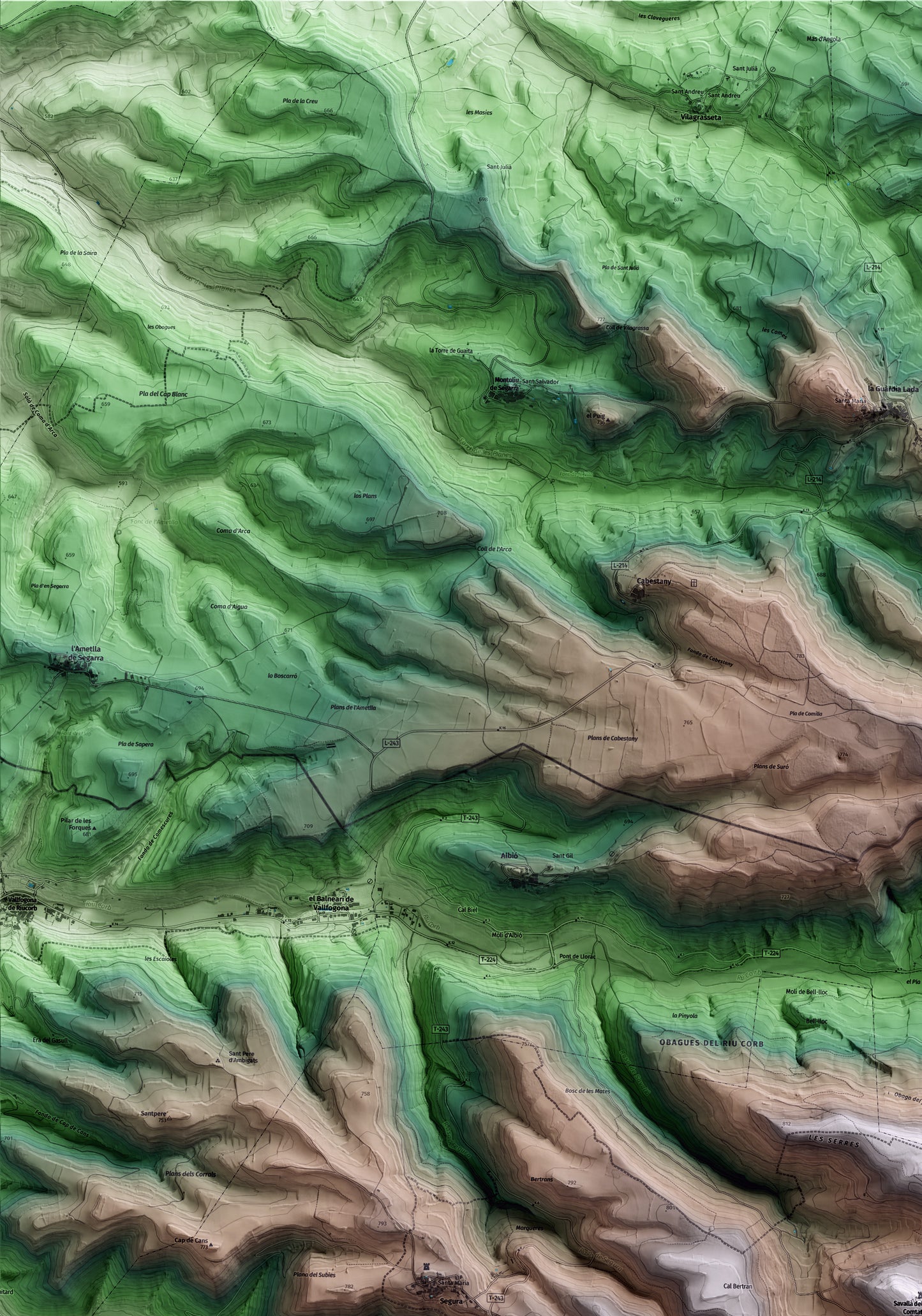 Mapa artístico del relieve de Savallà del Comtat, a la Conca de Barberà, con 15 km de entorno y base topográfica ICGC. Detalle de la zona superior izquierda.
