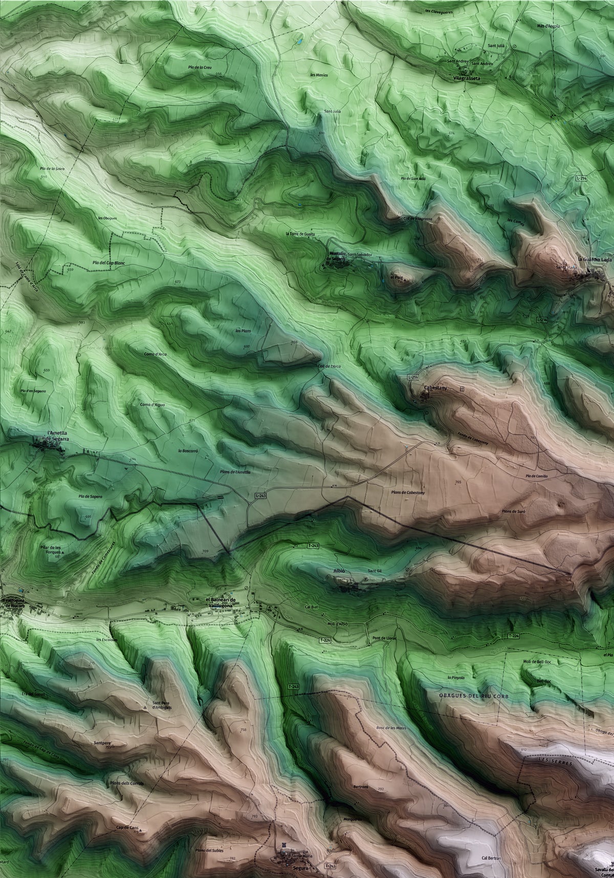 Mapa artístico del relieve de Savallà del Comtat, a la Conca de Barberà, con 15 km de entorno y base topográfica ICGC. Detalle de la zona superior izquierda.