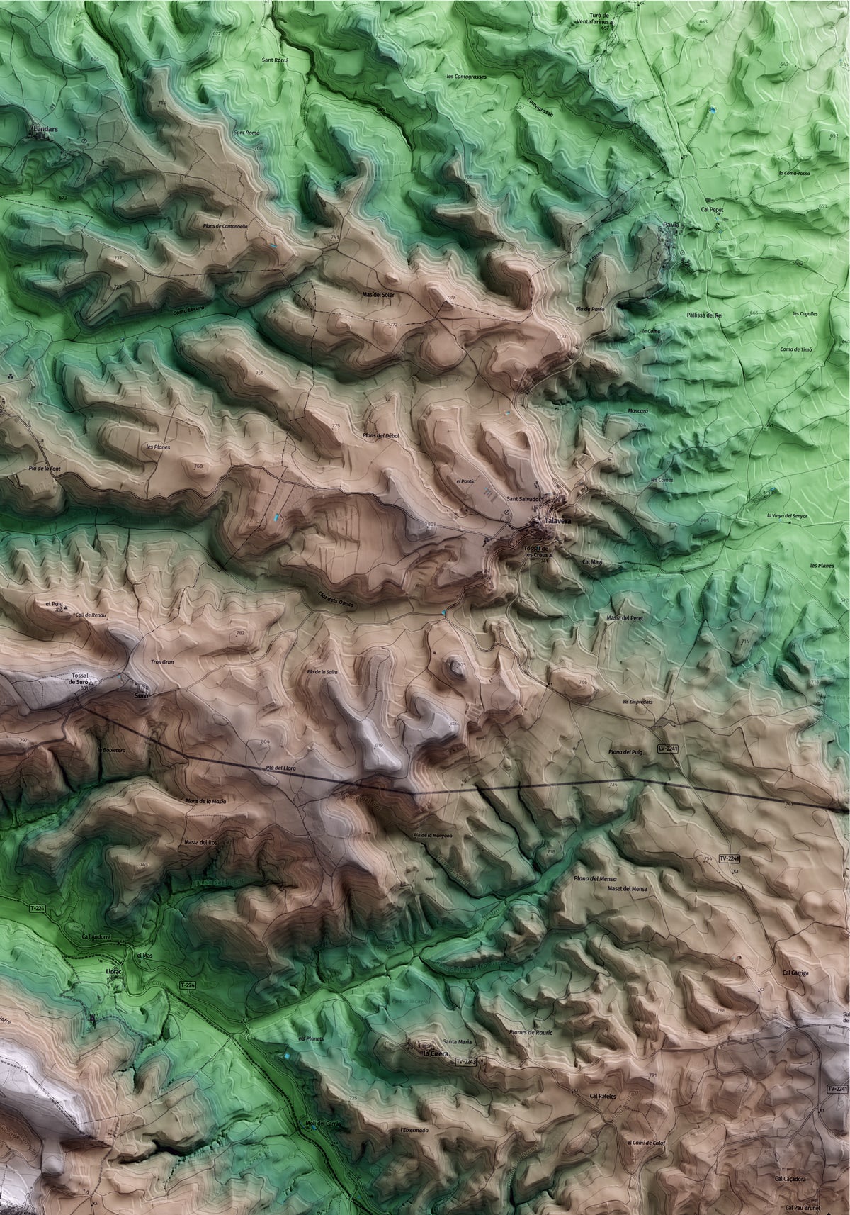 Mapa artístico del relieve de Savallà del Comtat, a la Conca de Barberà, con 15 km de entorno y base topográfica ICGC. Detalle de la zona superior derecha.