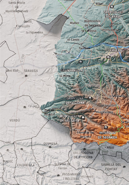 Mapa de relleu de la Segarra, amb el territori en color i l’entorn en blanc. Detall de la part inferior esquerra. 21 × 30 cm. Estil Blau i taronja.