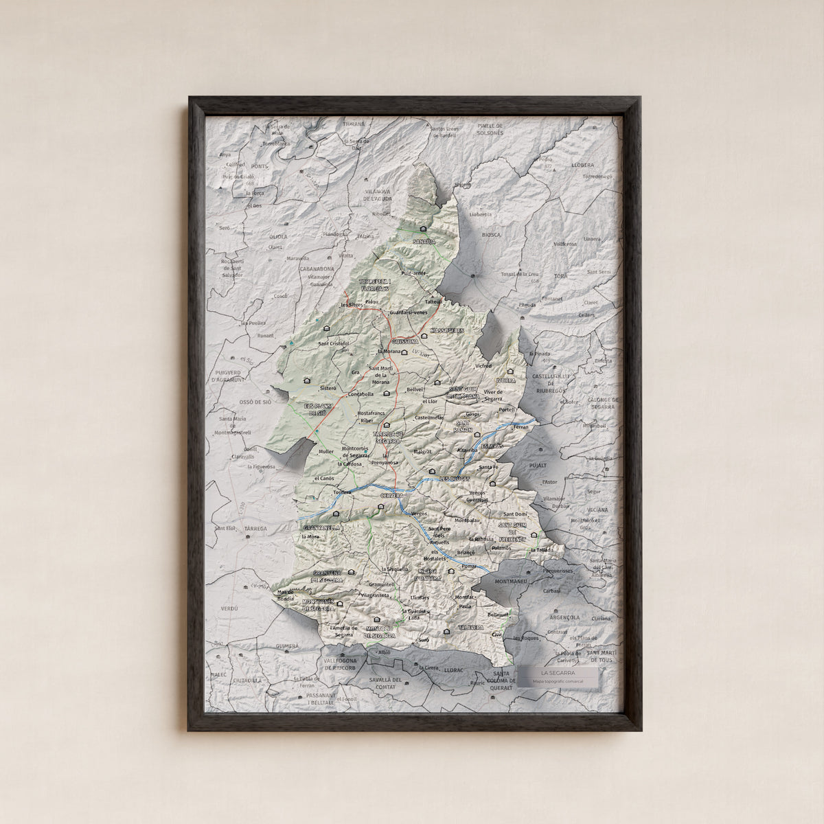 Mapa de relleu de la Segarra, amb el territori en color i l’entorn en blanc. Presentació amb marc. 21 × 30 cm. Estil Cartogràfic.