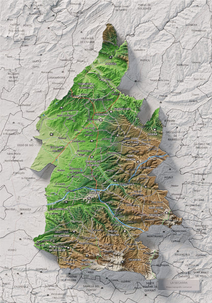 Mapa de relleu de la Segarra, amb el territori en color i l’entorn en blanc. Vista completa de la làmina. 21 × 30 cm. Estil Clàssic.