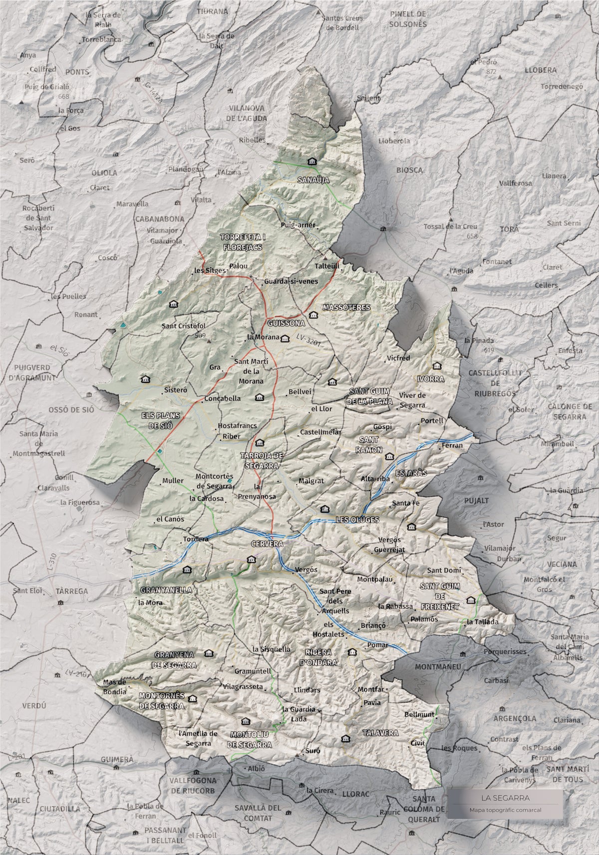 Mapa de relleu de la Segarra, amb el territori en color i l’entorn en blanc. Vista completa de la làmina. 21 × 30 cm. Estil Cartogràfic.