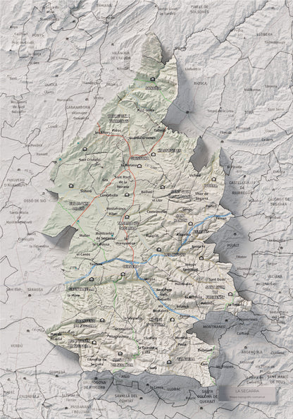 Mapa de relleu de la Segarra, amb el territori en color i l’entorn en blanc. Vista completa de la làmina. 21 × 30 cm. Estil Cartogràfic.
