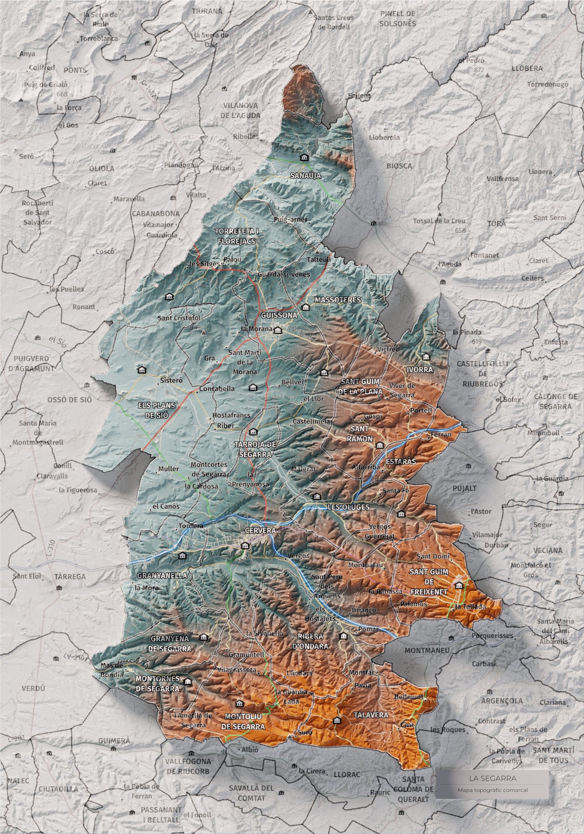 Mapa de relleu de la Segarra, amb el territori en color i l’entorn en blanc. Vista completa de la làmina. 21 × 30 cm. Estil Blau i taronja.
