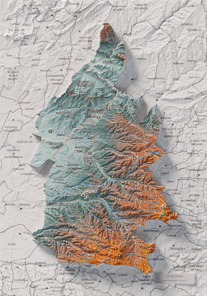 Mapa de relleu de la Segarra, amb el territori en color i l’entorn en blanc. Vista completa de la làmina. 21 × 30 cm. Estil Blau i taronja.