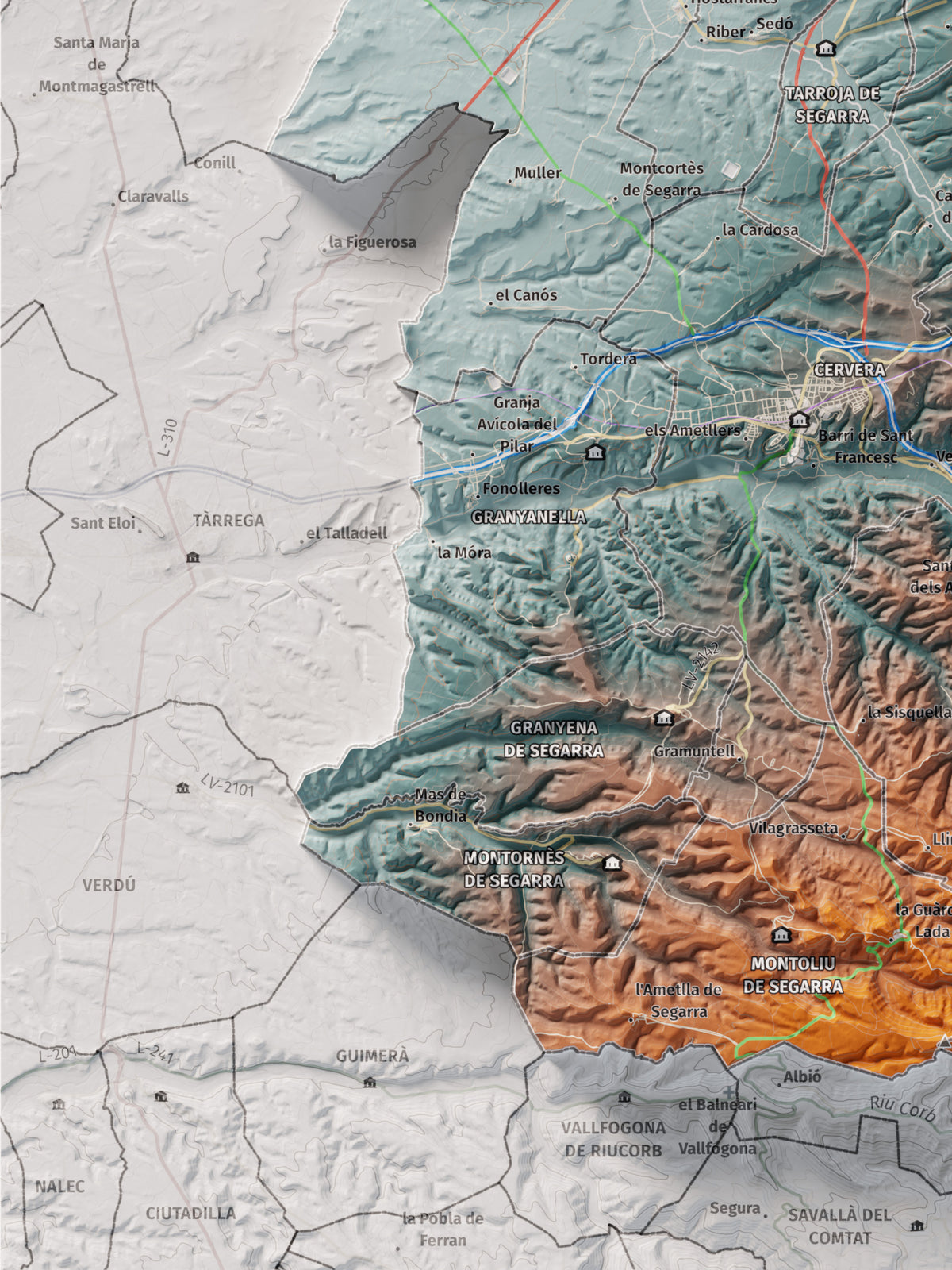 Mapa de relleu de la Segarra, amb el territori en color i l’entorn en blanc. Detall de la part inferior esquerra. 30 × 40 cm. Estil Blau i taronja.