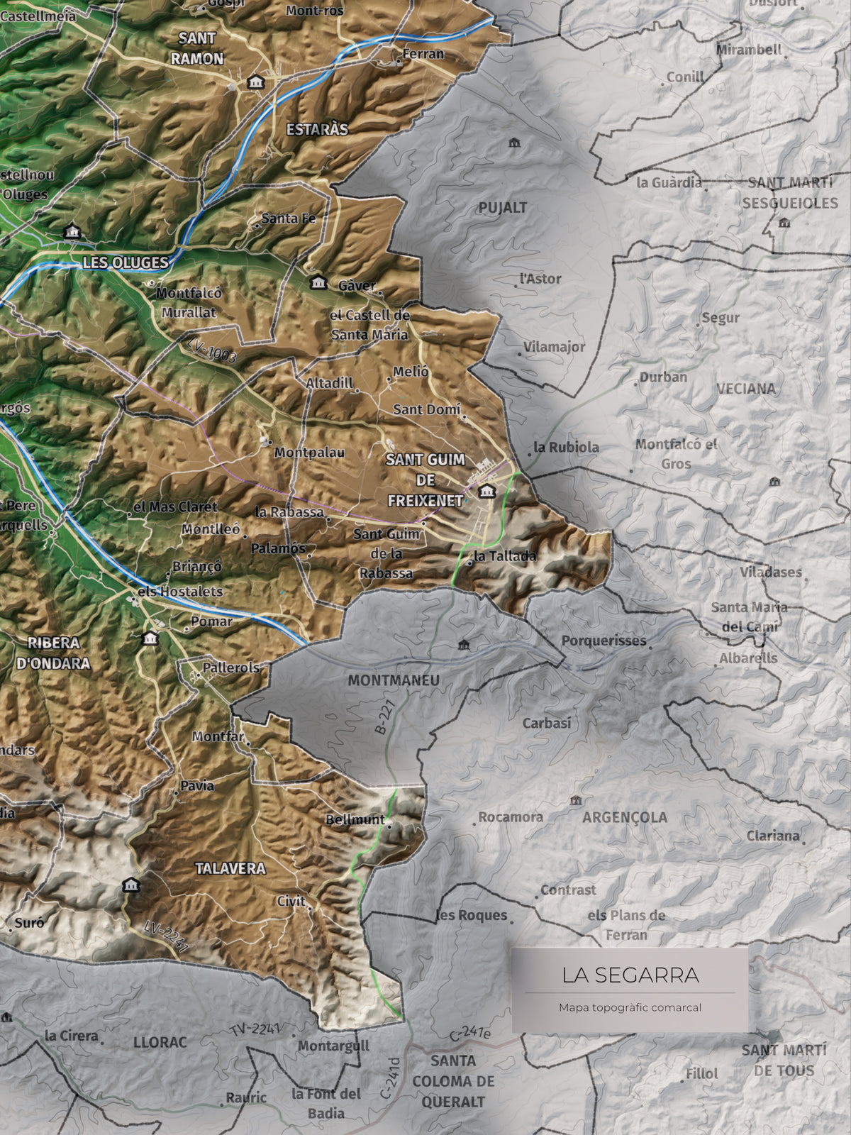 Mapa de relleu de la Segarra, amb el territori en color i l’entorn en blanc. Detall de la part inferior dreta. 30 × 40 cm. Estil Clàssic.