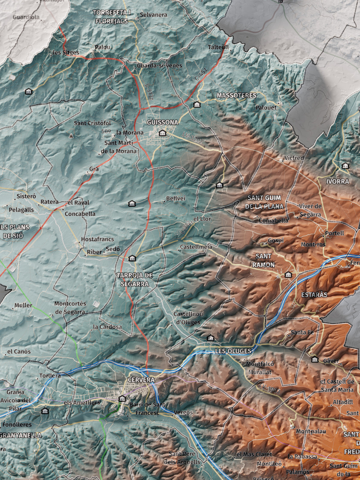 Mapa de relleu de la Segarra, amb el territori en color i l’entorn en blanc. Detall de la part central. 30 × 40 cm. Estil Blau i taronja.