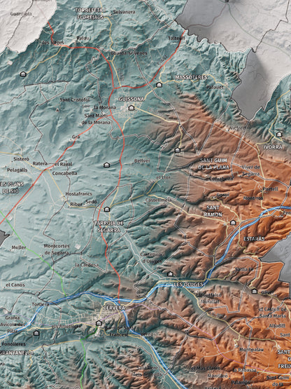 Mapa de relleu de la Segarra, amb el territori en color i l’entorn en blanc. Detall de la part central. 30 × 40 cm. Estil Blau i taronja.