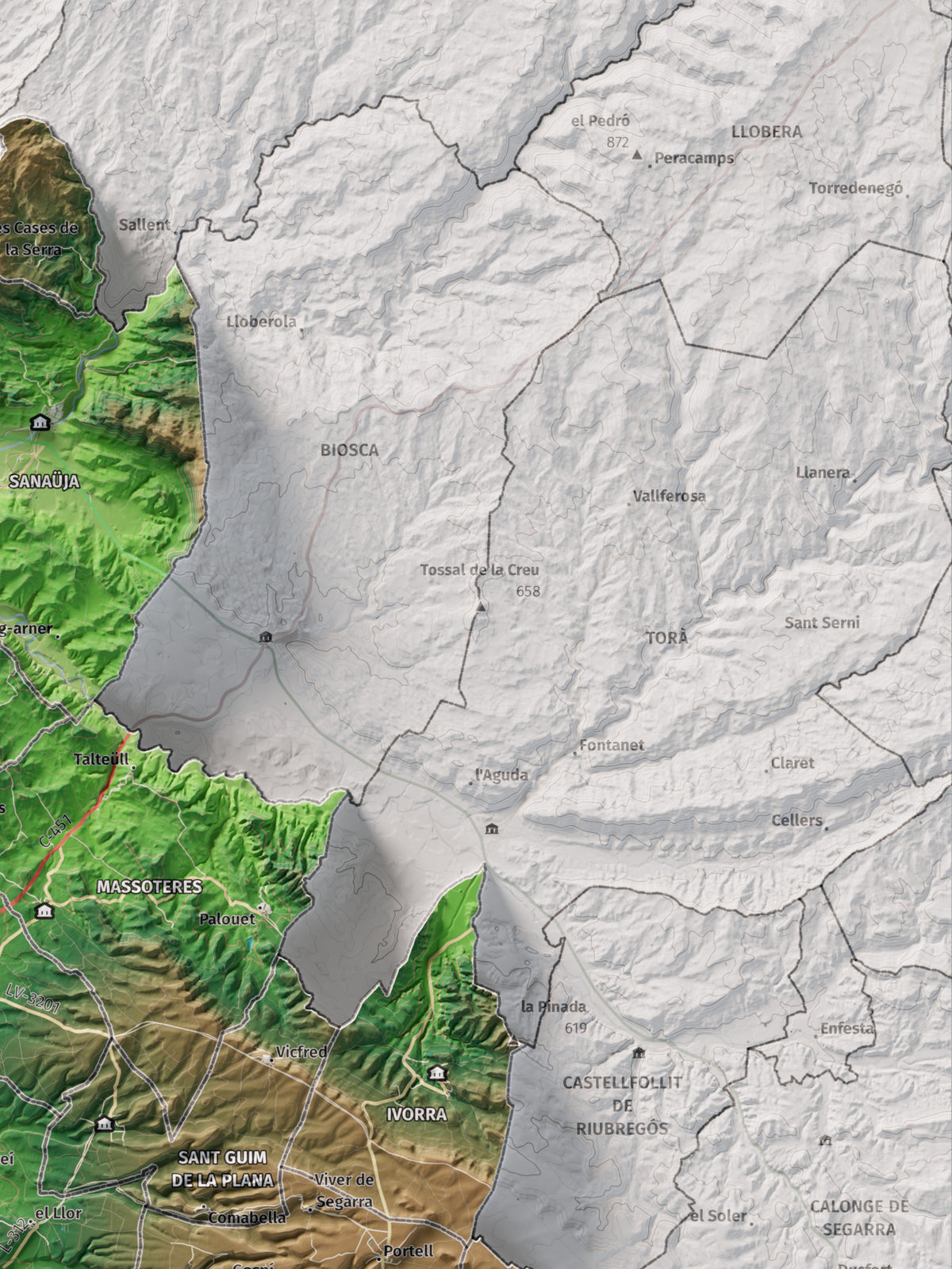 Mapa de relleu de la Segarra, amb el territori en color i l’entorn en blanc. Detall de la part superior dreta. 30 × 40 cm. Estil Clàssic.