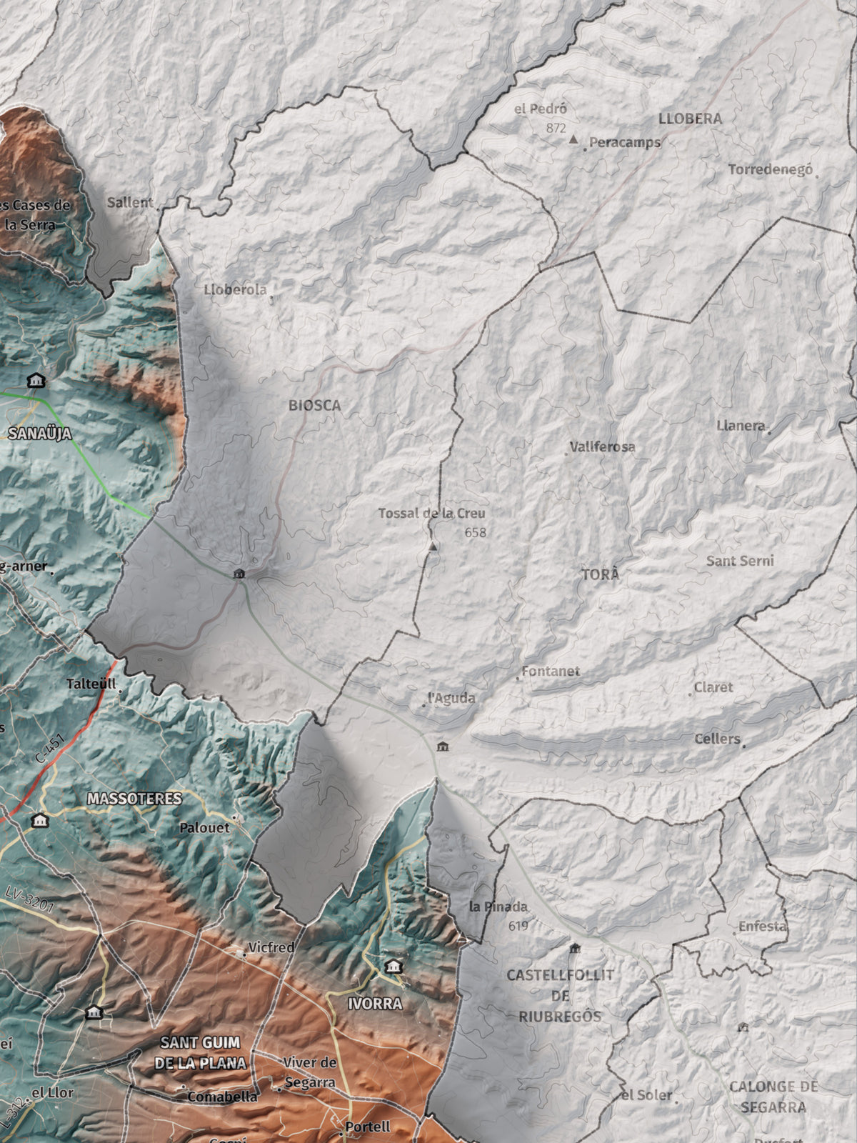 Mapa de relleu de la Segarra, amb el territori en color i l’entorn en blanc. Detall de la part superior dreta. 30 × 40 cm. Estil Blau i taronja.