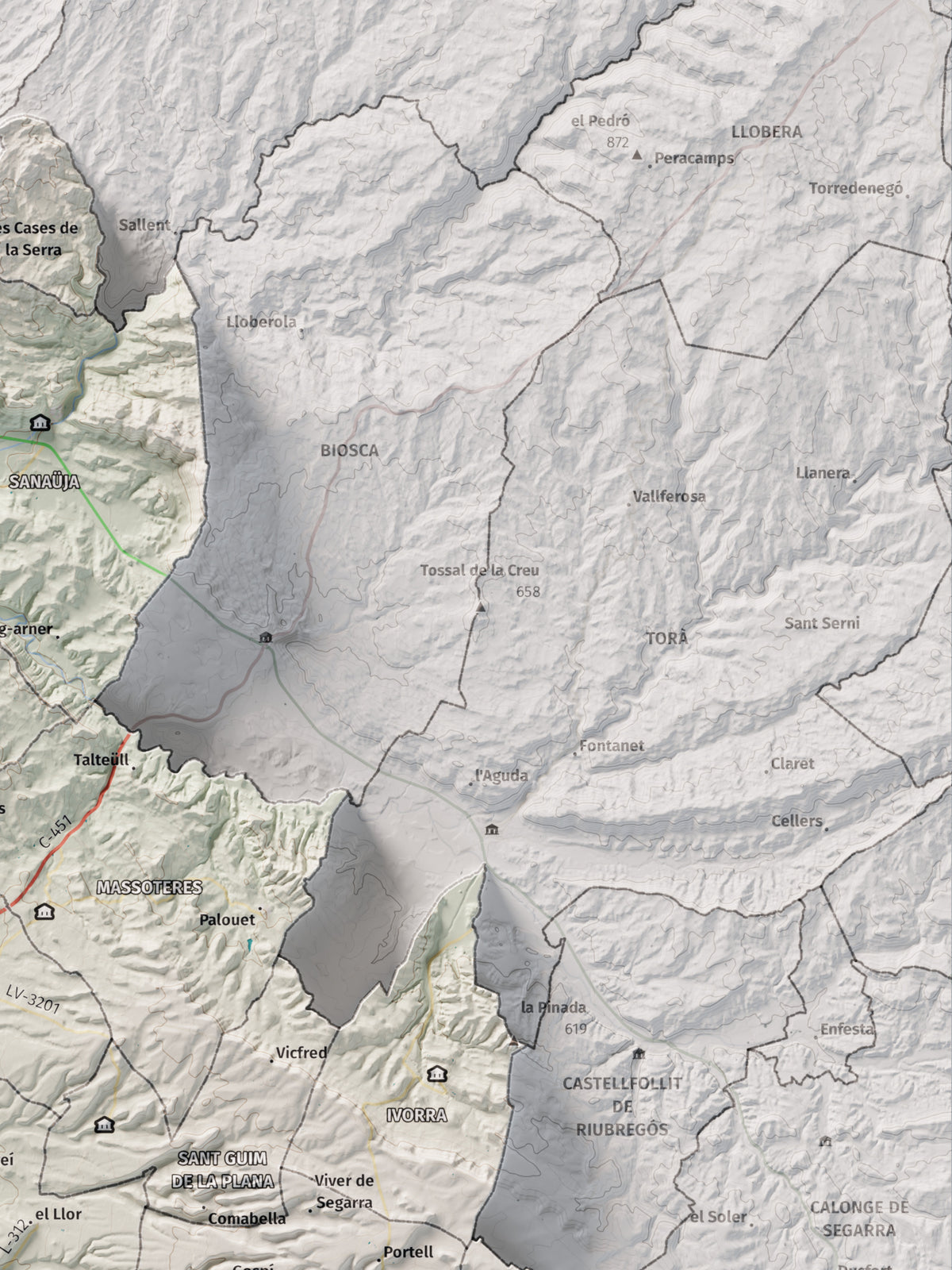 Mapa de relleu de la Segarra, amb el territori en color i l’entorn en blanc. Detall de la part superior dreta. 30 × 40 cm. Estil Cartogràfic.