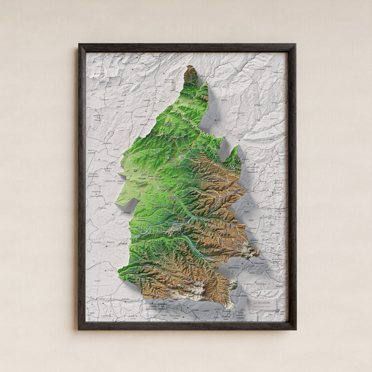 Mapa de relleu de la Segarra, amb el territori en color i l’entorn en blanc. Presentació amb marc. 30 × 40 cm. Estil Clàssic.