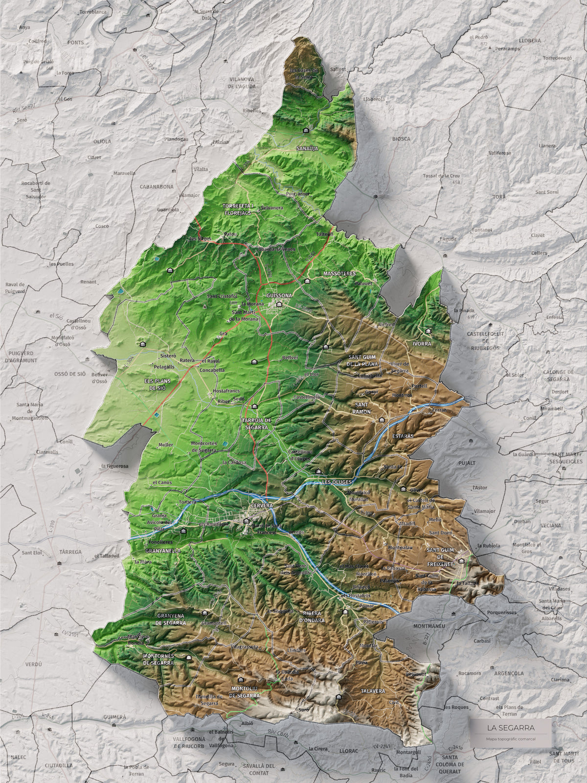Mapa de relleu de la Segarra, amb el territori en color i l’entorn en blanc. Vista completa de la làmina. 30 × 40 cm. Estil Clàssic.